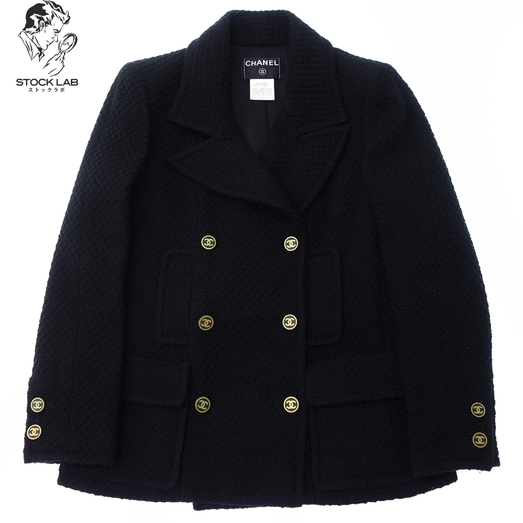 美品◆CHANEL シャネル Vintage ヴィンテージ　01AW Pコート ブラックツィードジャケット ココマークボタン 42